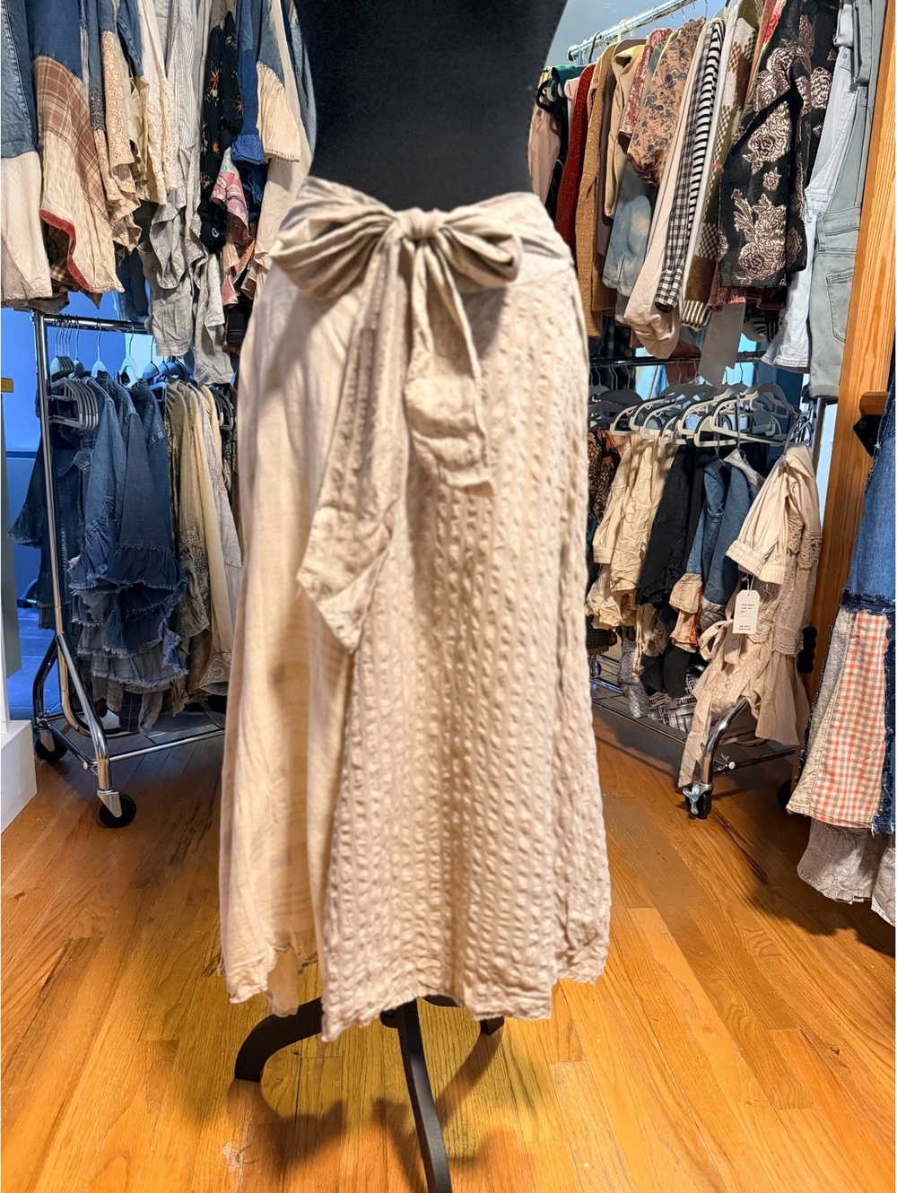 YOUNG THREADS Textured Patchwork Tie Front Midi Skirt Bias Cut NWT XL